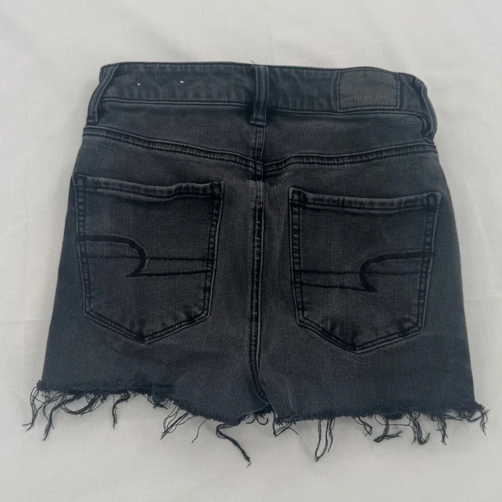 American Eagle Super Stretch Black Distressed High Waisted Denim Shorts 00 Long